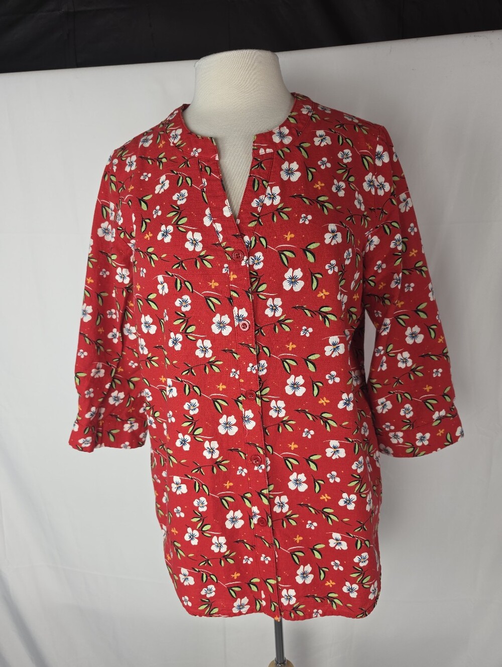 Red Floral Cotton Linen Blend Button Front Blouse Top Large Cottagecore Boho